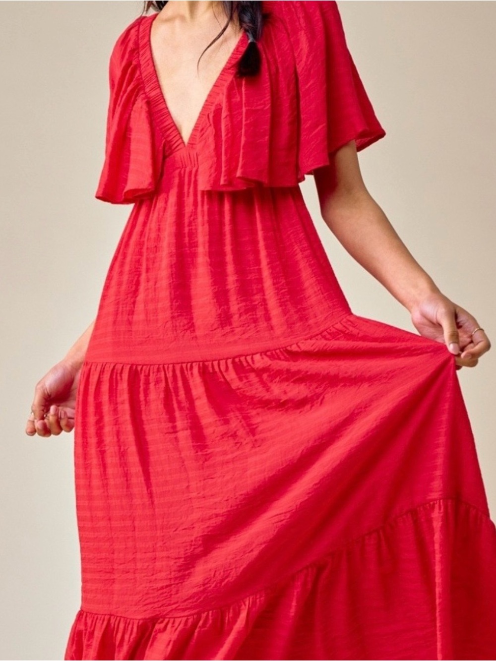 V-Neck Red Tiered Maxi Dress with Flutter Sleeves